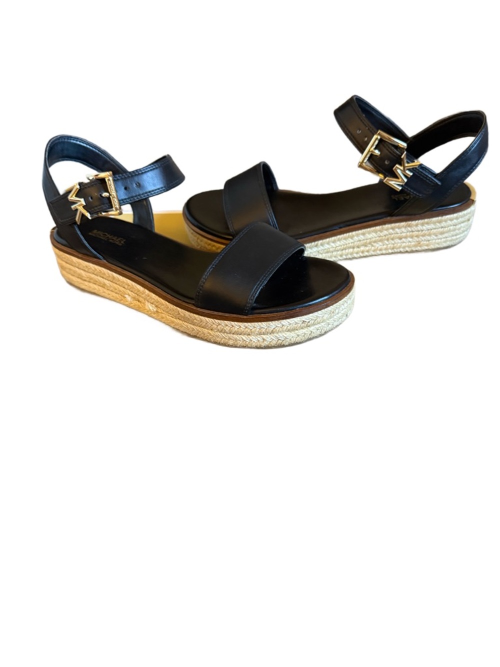 Michael Kors Black Leather Espadrille Wedge Sandals with Gold MK Buckle